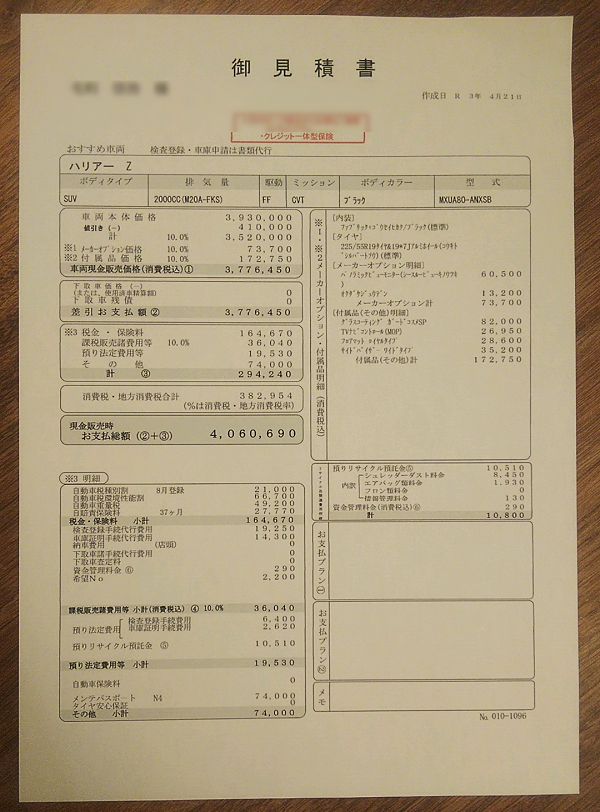 ハリアー 値引き込みの見積書をレポート 人気のzは支払総額が406万円だった